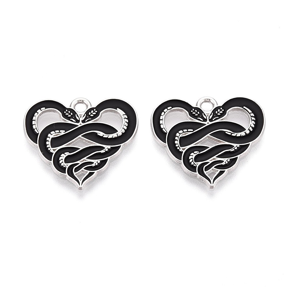 Black and silver enamel snake heart charms from Riverside Beads, sold in packs of five for gothic and Halloween jewellery.
