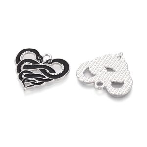 Black and silver enamel snake heart charms from Riverside Beads, sold in packs of five for gothic and Halloween jewellery.
