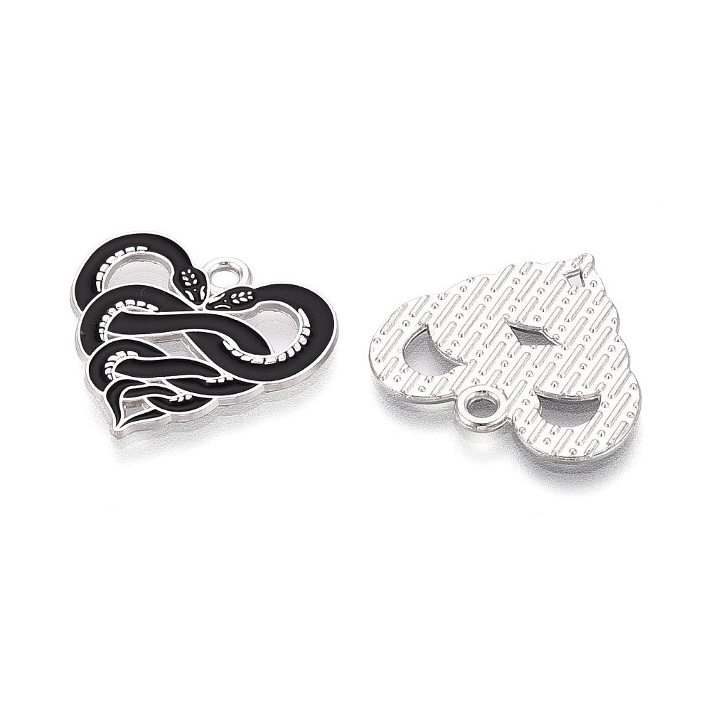 Black and silver enamel snake heart charms from Riverside Beads, sold in packs of five for gothic and Halloween jewellery.