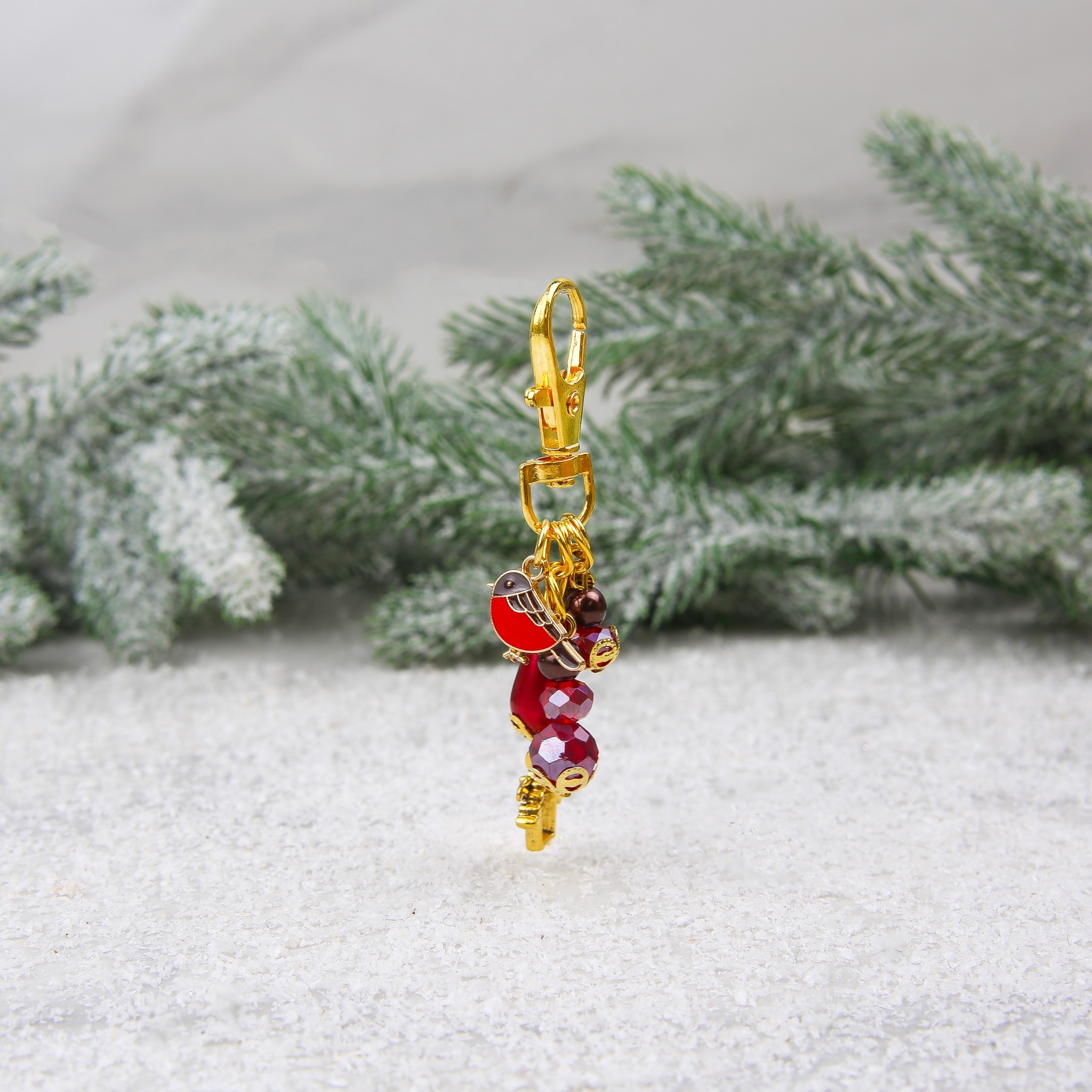 Robin Bag Charm, festive kit in red and gold tones