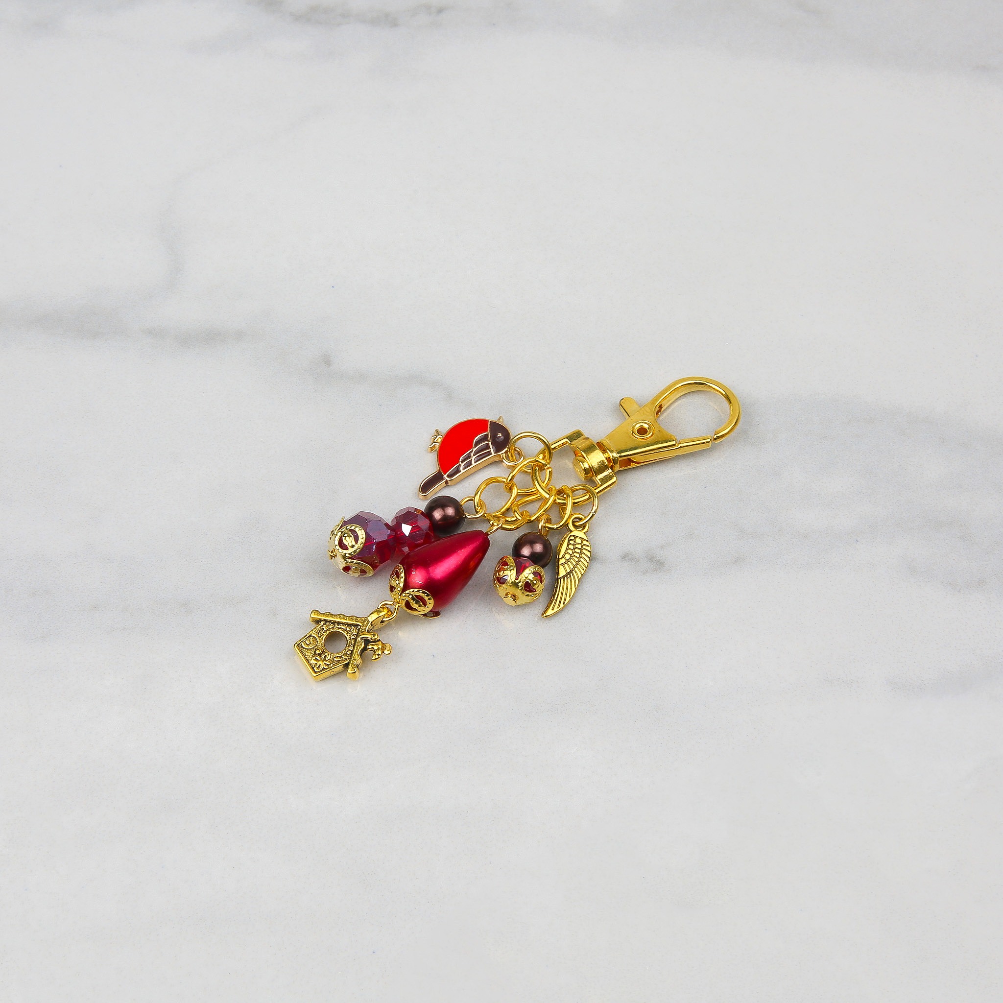 Robin Bag Charm, festive kit in red and gold tones